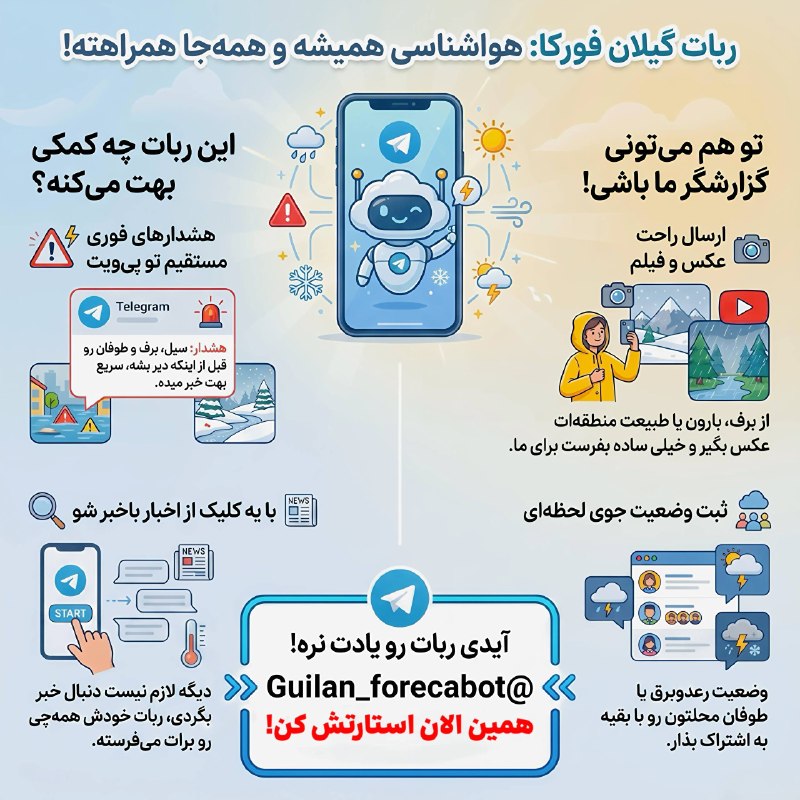 هواشناسی گیلان فورکا: 🤖 حتما ربات تلگرامی گیلان فورکا رو استارت بزنید !!با داشتن این ربات میتونید به سادگی برای ما تصاویر ( عکس و فیلم ) از وض