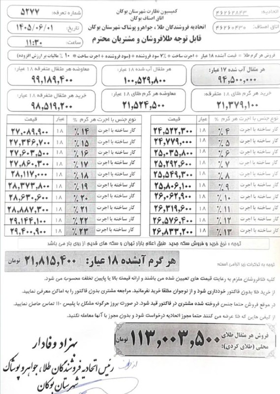 پایگاه خبری بوکان موکریان: 📷قیمت امروز طلا در بازار بوکان➕️هر مثقال: ۱۱۳,۰۰۳,۵٠٠⚀#صدای_مردم_صدای_شهر🔘#بوکان_موکریان🆔 @Boukanmukryan🈴️ instagram.com