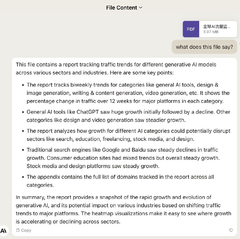 比如这个19页的全球AI流量变化的PDF，让它总结出细分品类里依然在增长的AI网站