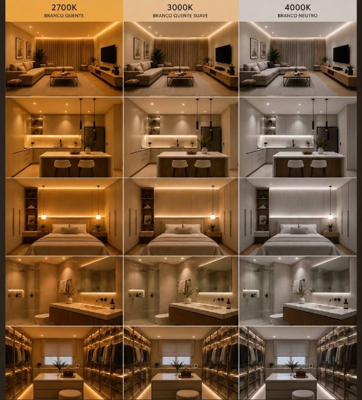 lightingdesigner.ir: موضوع عکس مقایسه تأثیر دمای رنگ نور (CCT) در فضاهای مختلف مسکونی است.در سه ستون، یک فضای مشابه با سه دمای رنگ نمایش داده