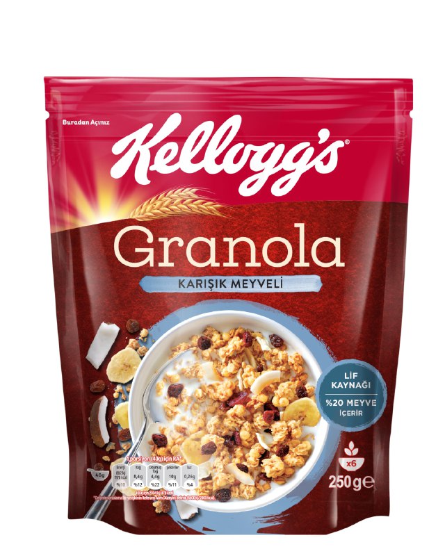 Kellogg's Karışık Meyveli Granola 250 Gr, Yulaf içerir,Lif Kaynağı, Kurutulmuş Meyve - 250 Gr