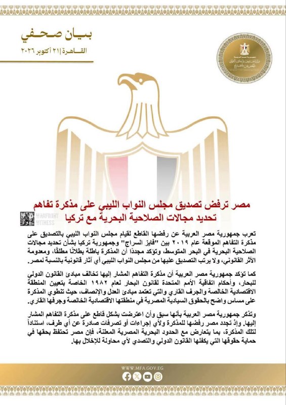 The Egyptian Ministry of Foreign Affairs rejected the ratification by the Libyan House of Representatives of the memorandum of understanding with Turkey on the delimitation of maritime jurisdictional areas, claiming that the agreement infringes on Egypt's maritime rights. Cairo claims that the agreement is inconsistent with international law and cannot affect Egypt's sovereign rights in its exclusive economic zone. Egypt reserved the right to take all necessary measures to protect its interests under international law.