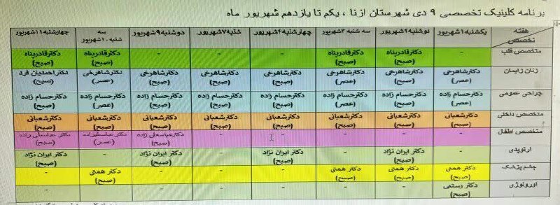 صدای ازنا: ✔️ برنامه کلینیک تخصصی بیمارستان ازنا از ۱ تا ۱۱ شهریور ماه ۱۴۰۵▪️ زمان نوبت دهی از ساعت ۱۳:۰۰ روز قبل ▪️آدرس نوبت دهی p