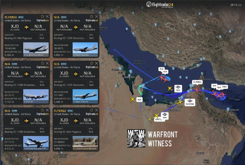️🇺🇸🇮🇷 FlightRadar24: מעקב בשעה 20:15 UTC מראה נוכחות אווירית גדולה של צבא ארה"ב מעל המפרץ הפרסי ומיצר ה…