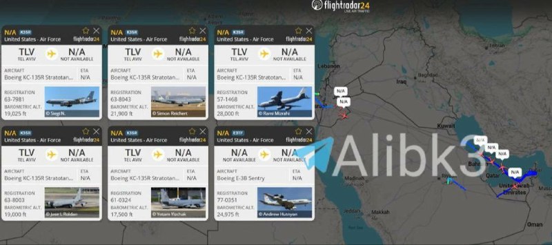 اسکان نیوز: 🔻پنج فروند هواپیمای تانکر سوخت‌رسان مدل KC-135R ساخت آمریکا که از تل‌آویو به پرواز درآمده‌اند، و یک فروند هواپیمای هشدار
