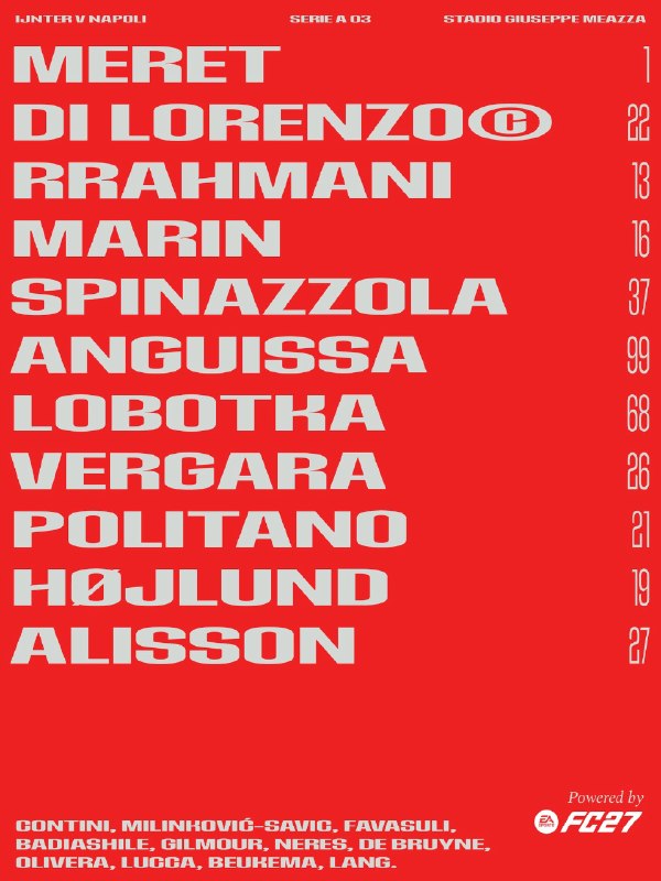 اخبار‌ و نتایج‌ زنده‌ فوتبال: 🇮🇹🇮🇹 ترکیب ناپولی مقابل اینتر🆔 @livefootballchannel