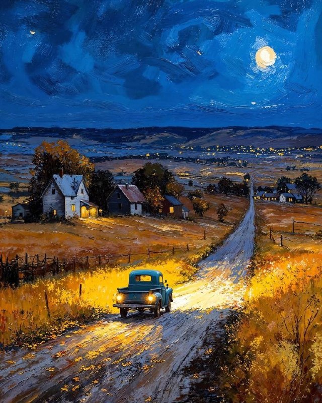 ساعت 25:00 شب🌙: تابلوی نقاشی «مهتاب نبراسکا» (Nebraska's Moonlight) اثر کوین کیا (Kevin Kia)که یک وانت قدیمی را در جاده‌ای روستایی زیر ن