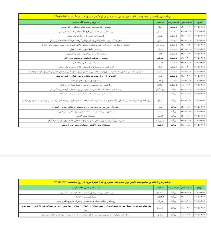 پایگاه خبری دلفان نیوز: برنامه ریزی احتمالی محدودیت تامین برق مدیریت اضطراری بار (کمبود نیرو) در روز یکشنبه ۱۴۰۵/۰۶/۰۱ در شهرستان دلفان 🚀اخبار ل
