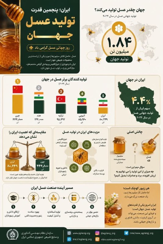 طالقانیها: ایران؛ پنجمین تولیدکننده عسل جهان🔻همزمان با روز جهانی عسل، نگاهی به جایگاه ایران در صنعت عسل جهان نشان میدهد که کشورمان