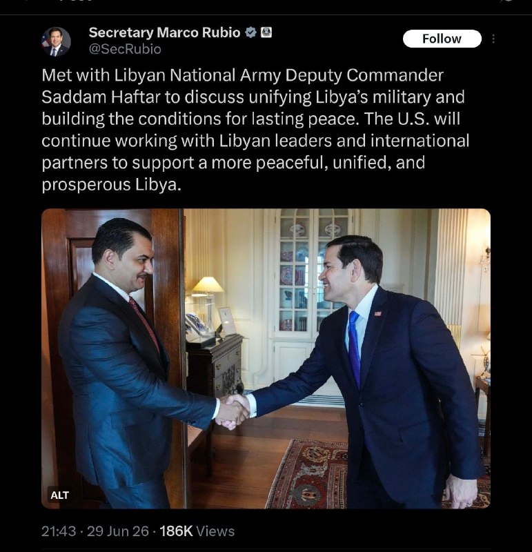 ️🇱🇾🇺🇸 בניגוד לציפיות המוקדמות, שר החוץ האמריקני מרקו רוביו נפגש רק עם סגן מפקד LAAF גנרל סדאם הפטר במהל…