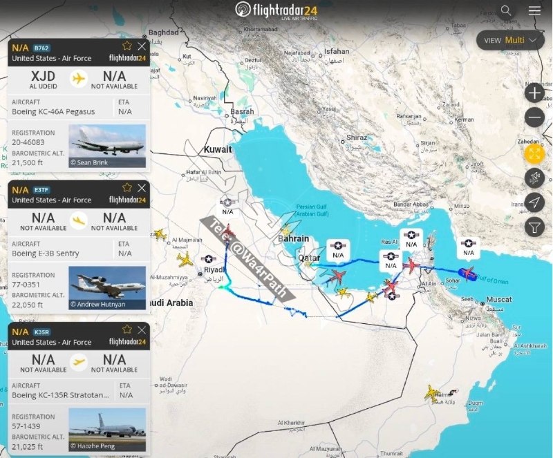 — 🇮🇷/🇺🇸 מטוסי אזהרה ותדלוק אמריקאים המריאו מבסיסים בישראל, ערב הסעודית, איחוד האמירויות, וקטאר, עם פעיל…