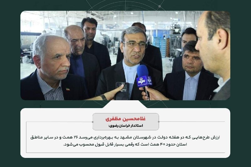 اخبار خراسان رضوی: 🔹 ارزش طرحهای هفته دولت🔸 غلامحسین مظفری، استاندار خراسان رضوی: ارزش طرحهایی که در هفته دولت در شهرستان مشهد به بهرهبر