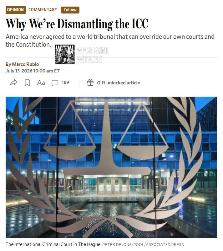 ️🇺🇸 WSJ: שר החוץ האמריקני, מרקו רוביו, כתב במאמר ביטוי שממשל טראמפ מבקש לפרק את בית הדין הפלילי הבינלאומי…