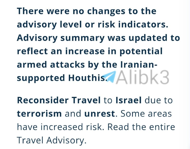 The US Embassy in the Israeli entity warns of the increased risk of regional attacks, and recommends reconsidering the trip.