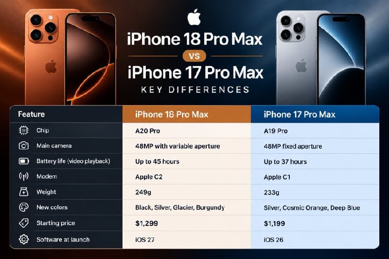 להלן ההבדלים העיקריים בין iPhone 18 Pro Max שהושק לאחרונה לעומת iPhone 17 Pro Max