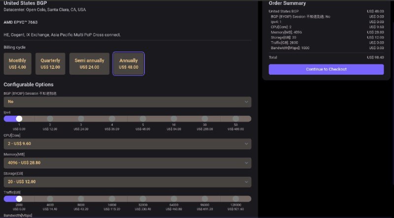 #营销月底冲业绩 | End-of-Month Sales Push美国促销活动 | US Promo限时折扣：33折，仅限美国用户！  Limited Time: 67% OFF – US Only!💰💰💰[立即购买 | Buy Now]33折优惠（年付only，100USD原价至多）IUBSVFLK配置 | Specs  - 最高可选：2核CPU AMD7663一核更比四核强！4G内存20G磁盘2T流量  - Up to: 2C CPU, AMD7663 One Core stronger than 4x Kansas E54G RAM, 20G Disk, 2TB Bandwidth优惠后价格范围16.84USD - 32.47USD