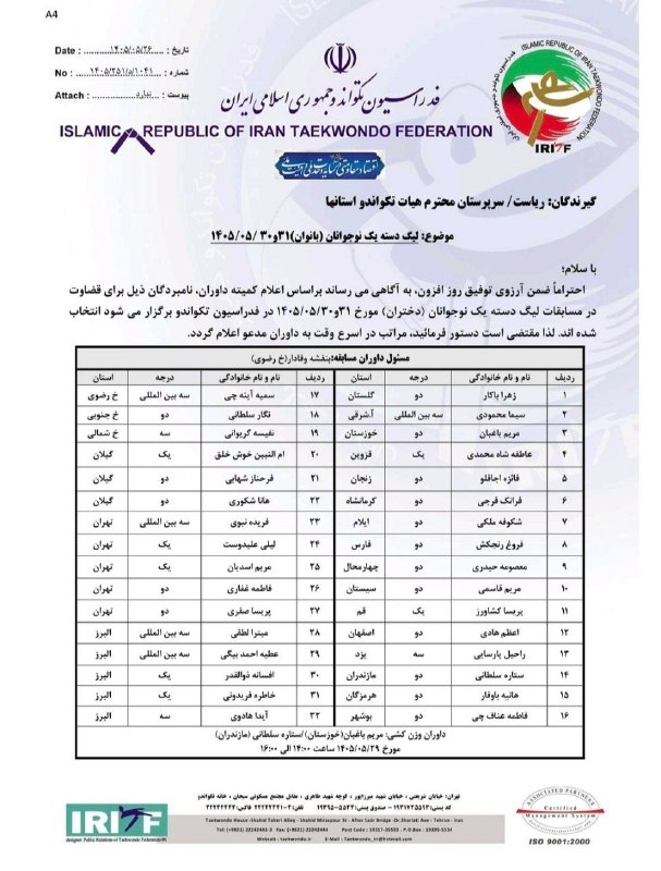اخبار تکواندو استان اصفهان: داوران لیگ دسته اول نوجوانان دختر معرفی شدندکمیته داوران فدراسیون تکواندو، داوران قضاوتکننده در رقابتهای لیگ دسته اول