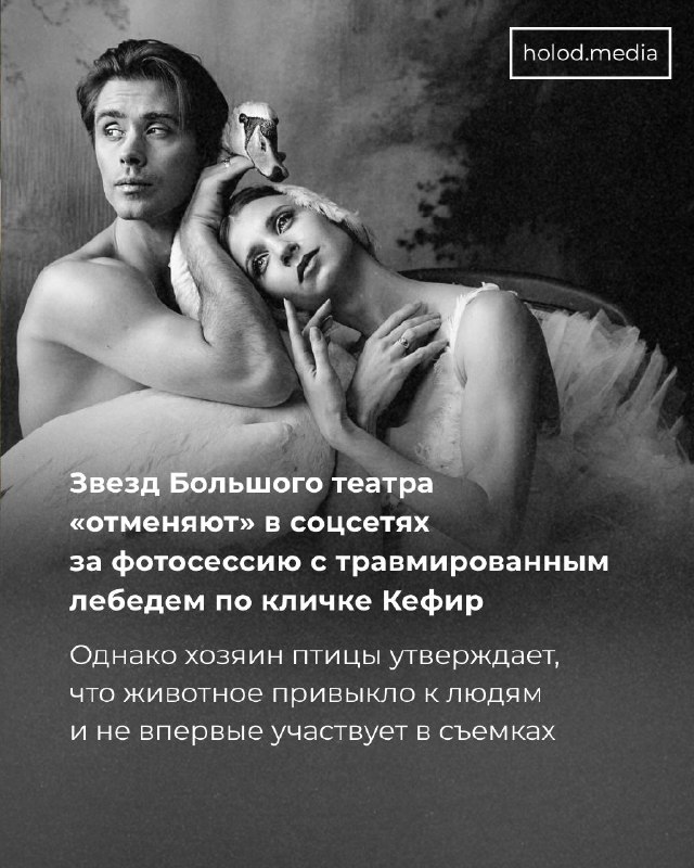 Звезд Большого театра «отменяют» в соцсетях за фотосессию с травмированным лебедем по кличке КефирОднако хозяин птицы утверждает, что животное привыкло к людям и не впервые участвует в съемках.Премьер Большого театра Артем Овчаренко и первая солистка Анна 