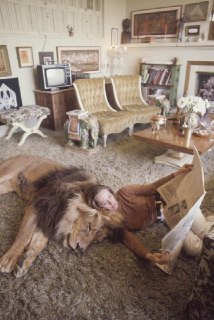 Actress Tippi Hedren reads a newspaper while comfortably seated on her pet lion. 1971.Time Machine | Historical Photo