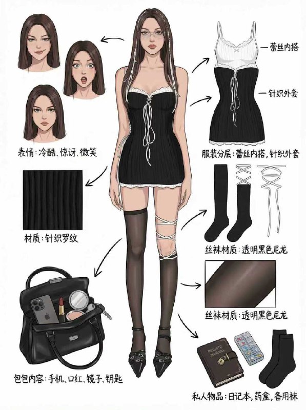 【✨最近在 nanobanana 试了个很有设计感玩法】：女性模特的全套服装拆解图最近在研究 AI 做时装图，意外发现一种特别像专业服装设计师在出板的效果：“女性模特 + 服饰结构拆解 + 面料特写 + 配件逻辑图”整个画面像是走进时尚工作室，把“成衣 → 分层 → 材质 → 随身物”全部摊开给你看