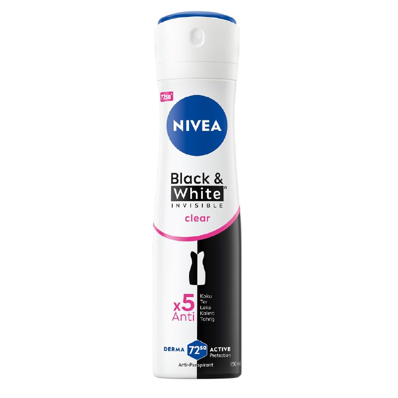 NIVEA Kadın Sprey Deodorant Black&White Invisible Clear 150 ml,72 Saat Terleme ve Ter Kokusuna Karşı Anti Perspirant Koruma, Çiçek Kokusu,Kıyafetlerde Leke Karşıtı, Alkol İçermez