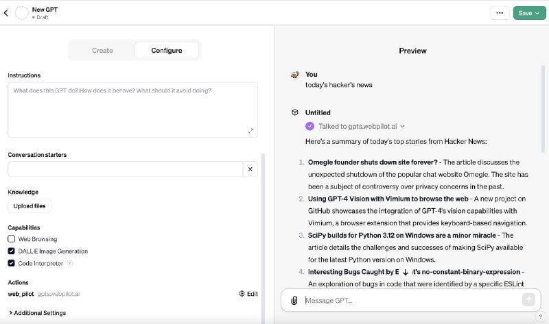 30秒，让你的GPTs用上 WebPilot:- 第一步: 在Config Tab中, 取消勾选 