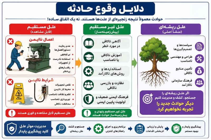 HSE.KAKAEI: 🔶دلایل وقوع حادثهعلل مستقیم شامل:🚨اعمال ناایمن🚨شرایط ناایمن🔶علل غیر مستقیم🔶علل ریشه ای✅اگر علل ریشه ای رو جستجو و کشف و 