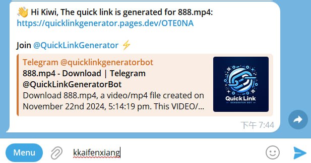 🤖 机器人名称：Quick Link Generator⭐️ 机器人功能：外链生成📁 机器人简介：一款可以将telegram内文件生成可下载外链的机器人