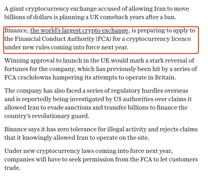 The Crypto Ledger: Binance is planning to apply for a crypto license from the UK’s Financial Conduct Authority (FCA) to re-enter the Britis