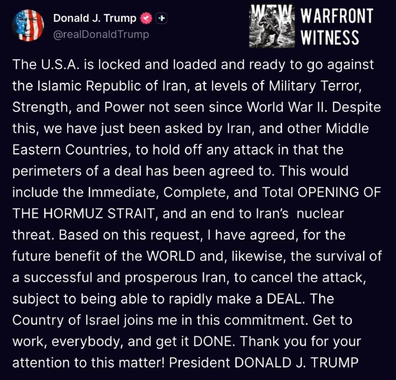 ️🇮🇷🇺🇸 נשיא ארה"ב דונלד טראמפ אמר ב-Truth Social כי ארה"ב "נעולה ועמוסה" לפעולה צבאית נגד איראן ברמת כוח…