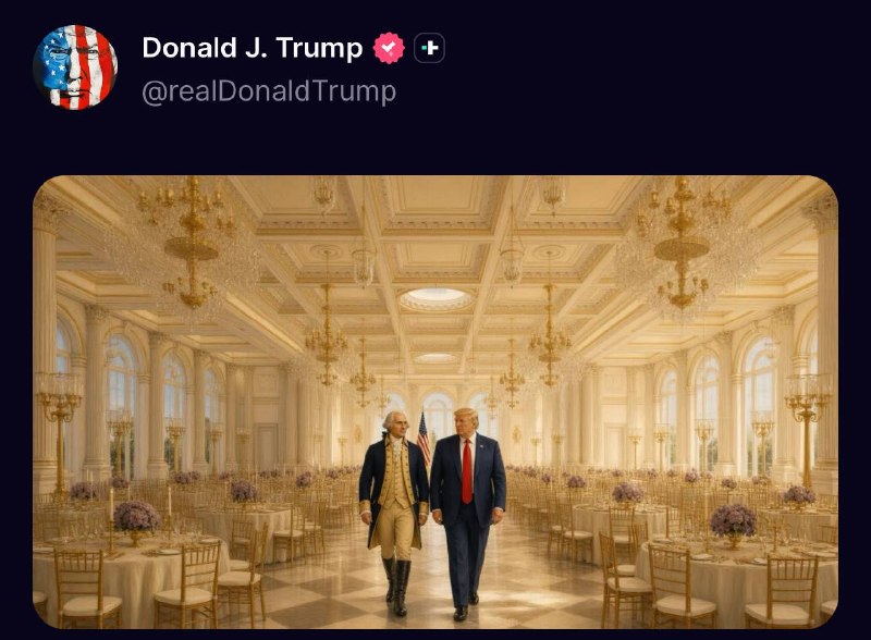 הנשיא דונלד טראמפ פרסם כמה תמונות שנוצרו על ידי AI שלו ושל ג'ורג' וושינגטון בלובי החדש של הבית הלבן.