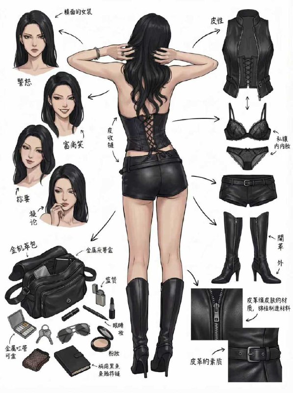【✨最近在 nanobanana 试了个很有设计感玩法】：女性模特的全套服装拆解图最近在研究 AI 做时装图，意外发现一种特别像专业服装设计师在出板的效果：“女性模特 + 服饰结构拆解 + 面料特写 + 配件逻辑图”整个画面像是走进时尚工作室，把“成衣 → 分层 → 材质 → 随身物”全部摊开给你看