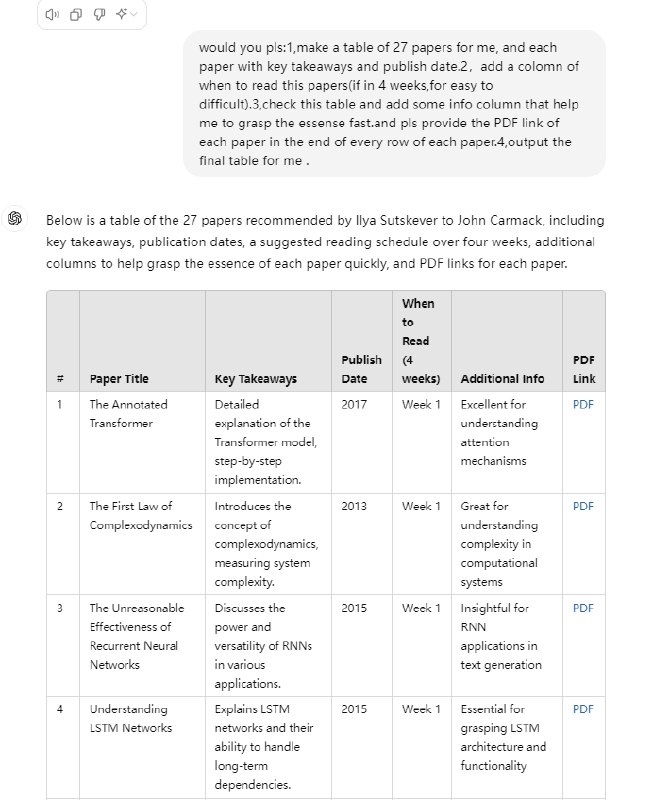 传奇程序员约翰卡马克想要转型ai，然后ilya给他推荐了这27篇论文，说看完这些论文就会对当前ai领域在发生什么有一个全面的理解