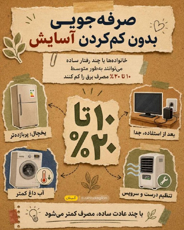 اخبار گیلان: ♦️گاهی فقط با چند عادت ساده مثل استفاده از وسایل پربازده، جداکردن وسایل از برق بعد از استفاده، شست‌وشو با آب کم‌گرم‌تر و