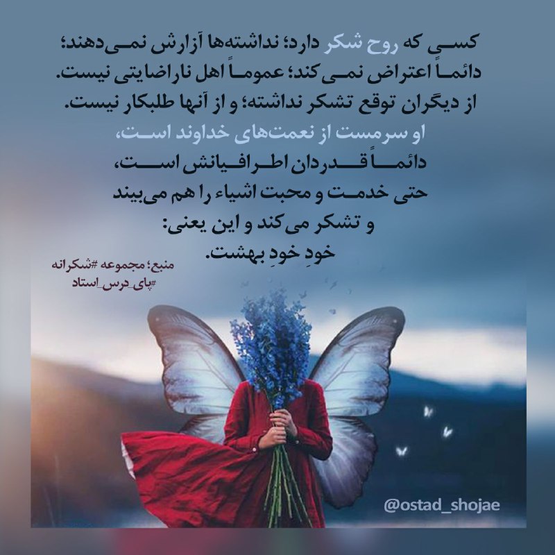 🌷 در سایه سار قرآن 🌷: 🦋کسی که روح شکر دارد، نداشته ها آزارش نمیدهند، دائما اعتراض نمیکند، عموما اهل نارضایتی نیست. از دیگران توقع تشکر نداشت