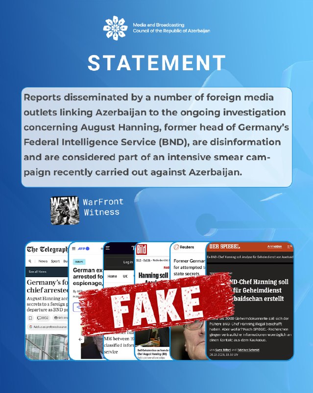 ️🇩🇪🇦🇿 Azerbaijan has denied a report that former German intelligence chief August Henning, accused of buying secret documents and using them in an analysis for a foreign spy service, was in contact with an Azerbaijani agent.