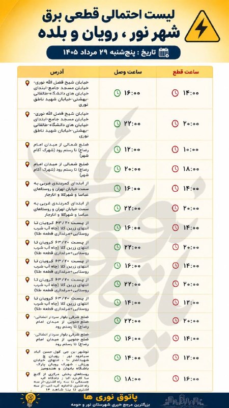 پاتوق نوری ها: 🔺 برنامه زمانبندی احتمالی قطعی برق شهرستان نورشهر نور ، چمستان ، بلده ، رویان و ایزدشهر پنجشنبه ۲۹ مردادماه ۱۴۰۵@Patog
