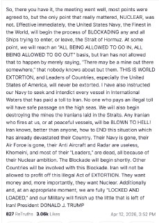 США приступают к блокаде Ормузского проливаПрезидент США Дональд Трамп заявил, что военно-морские силы страны начинают блокаду Ормузского пролива. По его словам, встреча в Пакистане прошла «хорошо», по большинству пунктов «было достигнуто согласие», но «по