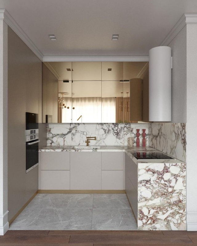 Интерьер небольшой кухни-гостиной выполнен в стильном современном стиле. Центральное место в интерьере занимает роскошная кухня с золотыми зеркальн... - изображение 4 - интерьер, небольшой, кухни