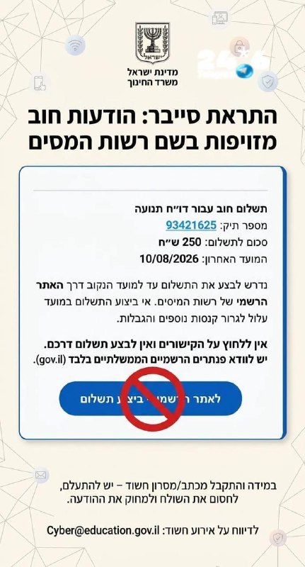 🇮🇱 התראת סייבר. קמפיין התחזות פישינג העושה שימוש בהודעות מזויפות בשם רשות המסים, הטוענות ל"חוב לתשלום עבו…