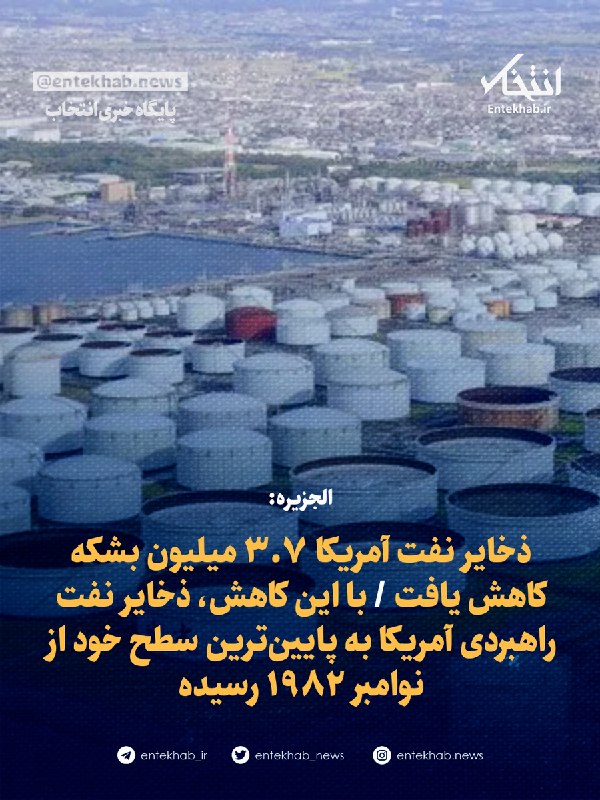 پایگاه خبری انتخاب ✔: ♦️ الجزیره:🔹 ذخایر نفت آمریکا ۳.۷ میلیون بشکه کاهش یافت 🔹 با این کاهش، ذخایر نفت راهبردی آمریکا به پایین‌ترین سطح خود از